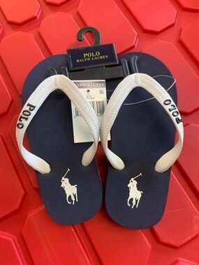 Polo Ralph Lauren Camino Navy and White Big Pony Flip Flops Boys Size 12 NEW